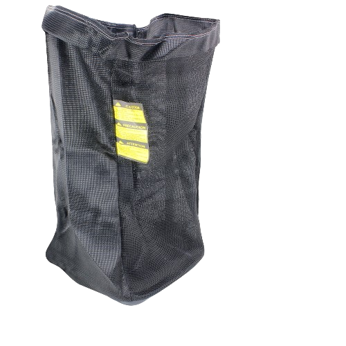 Black mesh bagger container with yellow warning label for John Deere parts and accessories under $100 collections