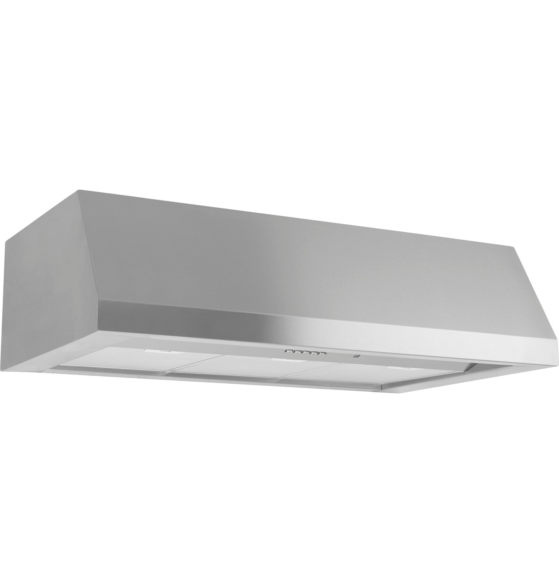 Stainless steel wall mount range hood with dimmable LED lighting for modern kitchen and appliances collection