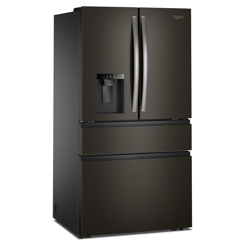Black stainless steel French door refrigerator with in-door water dispenser and flexible temperature drawer from appliances collection