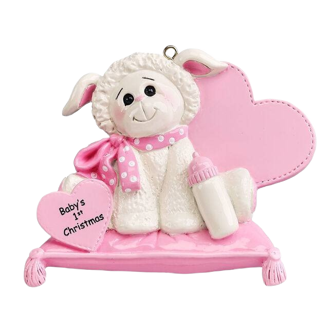 Cute pink baby lamb ornament holding bottle and heart saying "Baby's 1st Christmas" from holiday decorations under $50 collection