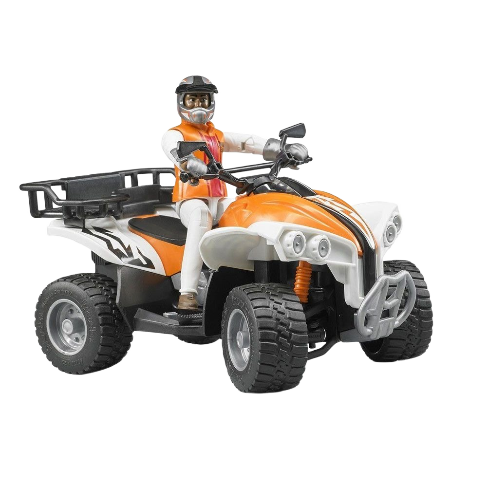 Orange and white Bruder Quad Bike toy with driver figure, off-road style, part of Vehicles & Remote Controlled Toys collection
