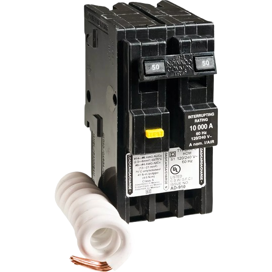 Black dual-pole circuit breaker with GFCI protection and attached white coil wire for home electrical safety