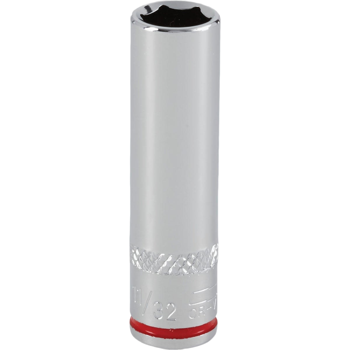 Deep 6-point 11/32 inch drive socket with textured band for easy identification in hand and woodworking tools collections under $50