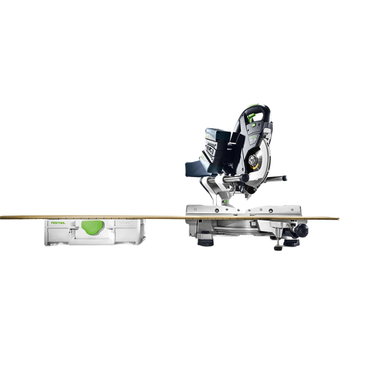 Cordless compound miter saw with sliding function and energy set for precise woodworking cuts.