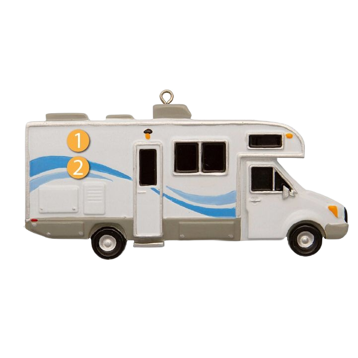White vintage camper ornament with blue stripes, ideal for Christmas Ornaments & Tree Decorations under $50 collection