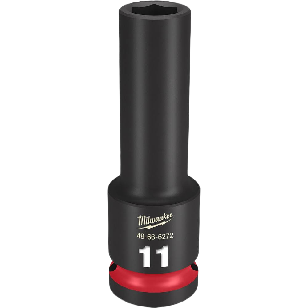 Black 11-mm deep impact socket with 6-point design for high torque use in hand tools and home improvement projects