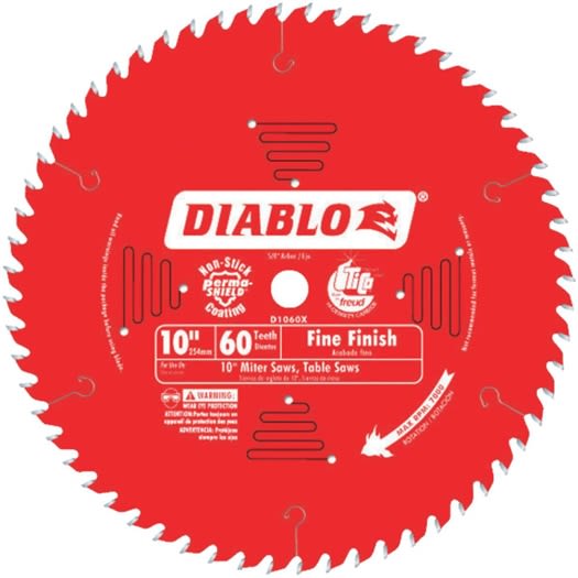 Red 10-inch circular saw blade with 60 teeth designed for fine finish cuts in woodworking tools and home improvement