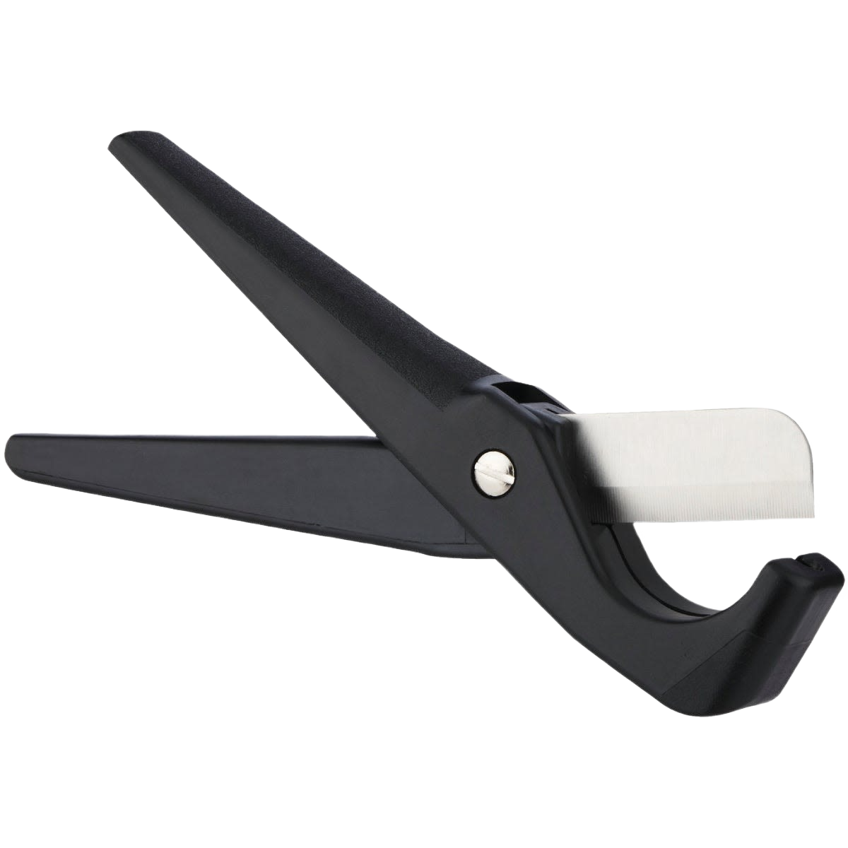 Black plastic tubing cutter with sharp metal blade designed for clean cuts in home improvement tasks