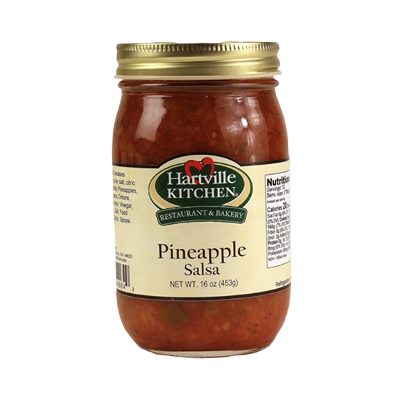 Glass jar of Hartville Kitchen pineapple salsa with gold lid, part of salsas and food & beverage collections
