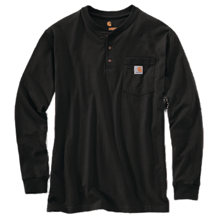 Black long-sleeve heavyweight henley with loose fit, three-button placket, and chest pocket, part of durable men's long-sleeved tops under $50 collections.