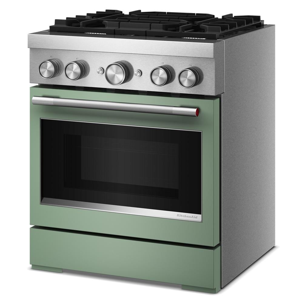 Green 30-inch commercial dual fuel range with four burners and stainless steel control panel from Ranges collection