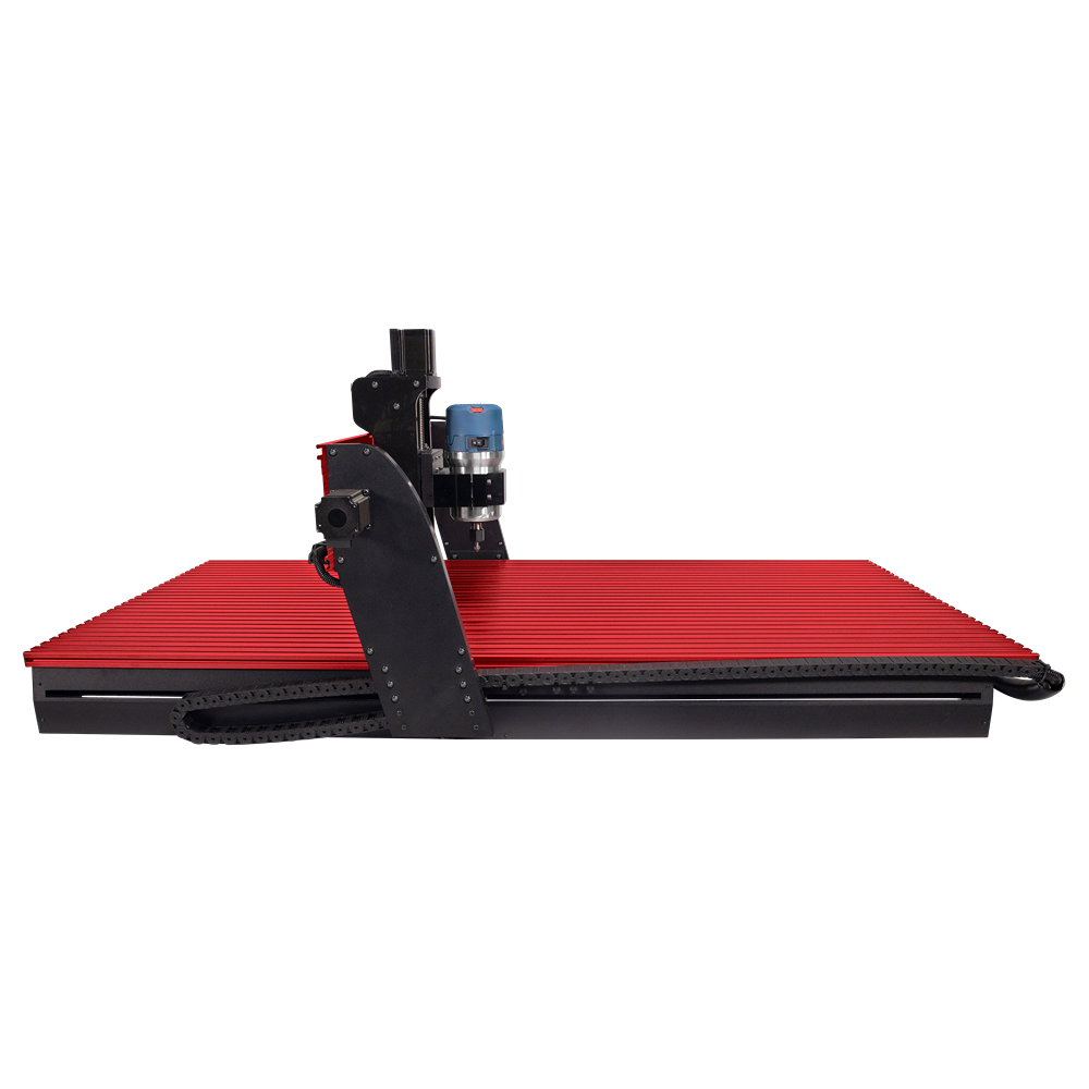 Red and black CNC router with rigid frame and rotating spindle for precise cutting and engraving in home improvement projects