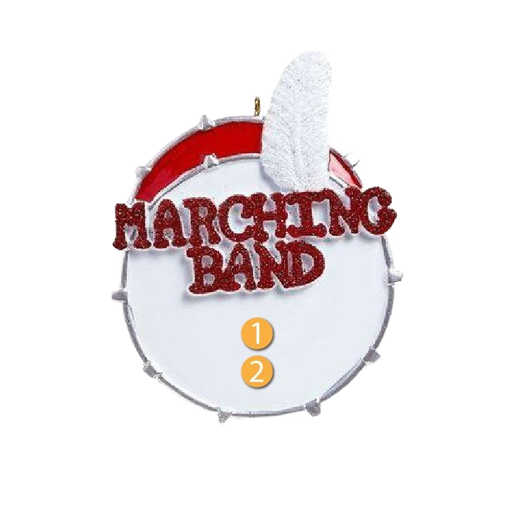 Red and white drum ornament with glittery "Marching Band" text and a white feather for Christmas tree decoration under $50.