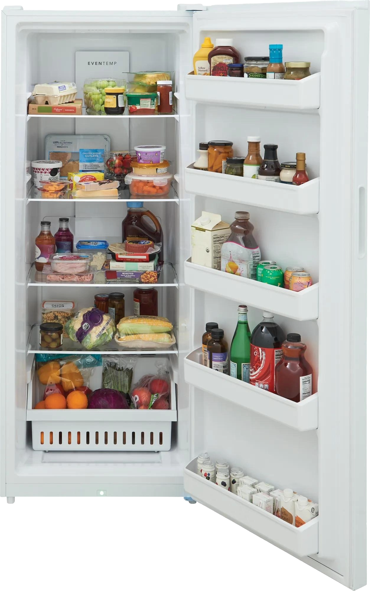 Open white upright refrigerator filled with fresh produce, beverages, condiments, and packaged foods with adjustable shelves and door bins, suited for Refrigerators, Kitchen & Kitchenware, Appliances, and All Products collections.