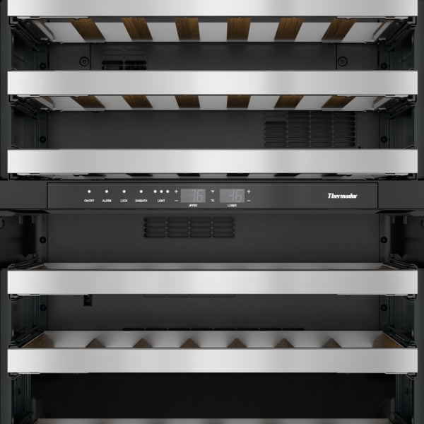 Open stainless steel under counter wine cooler with wooden racks and digital controls from Thermador Appliances collection