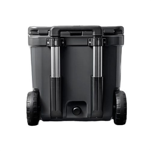 Black wheeled hard cooler with telescoping handle and durable design for food storage and organization collections