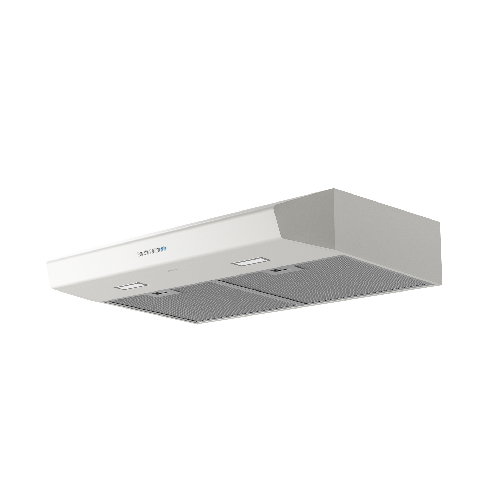 White under cabinet hood featuring LED lighting, dishwasher-safe filters, and electronic controls for kitchen improvement.