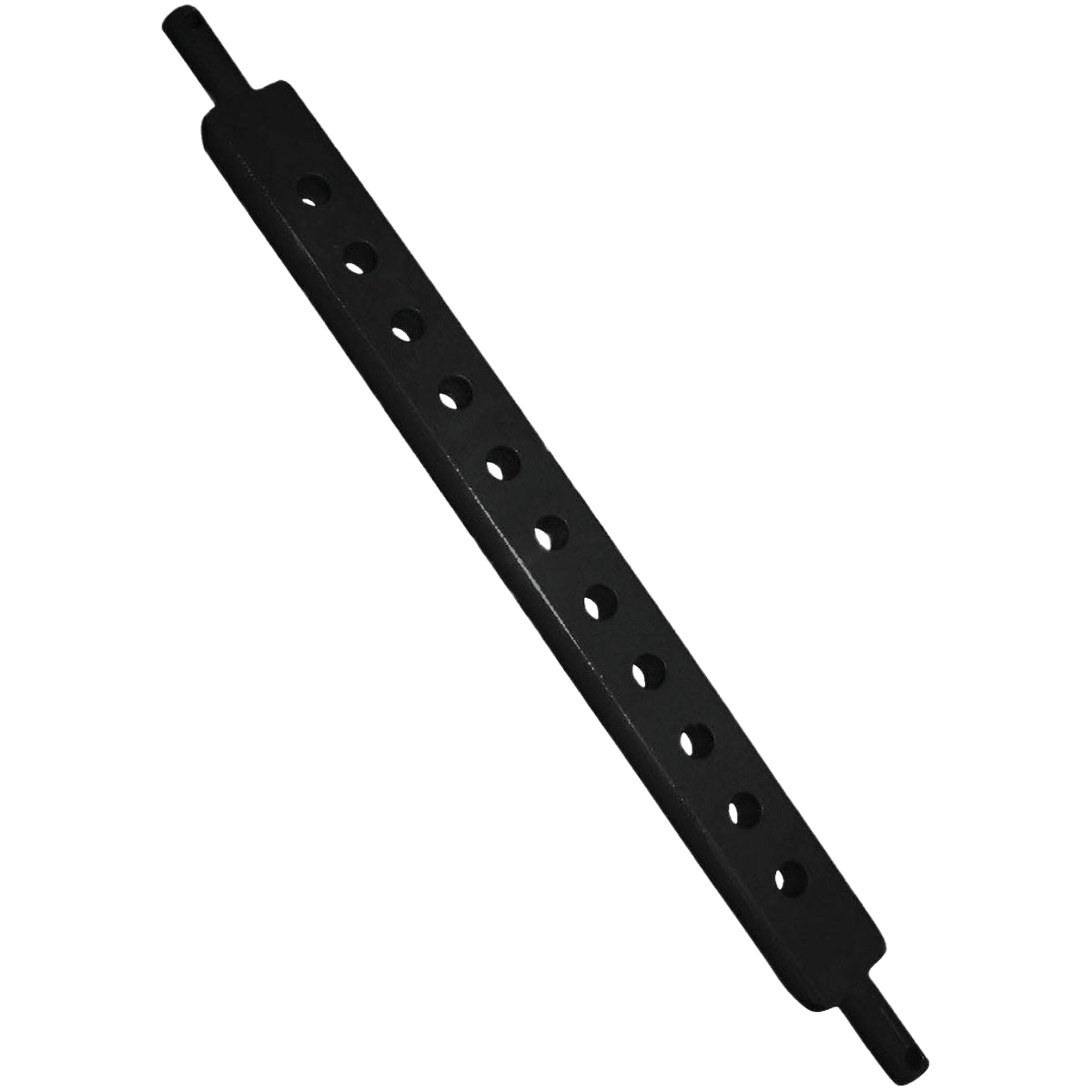 Black metal draw bar with multiple adjustment holes for tractor hitch in parts and tools collection