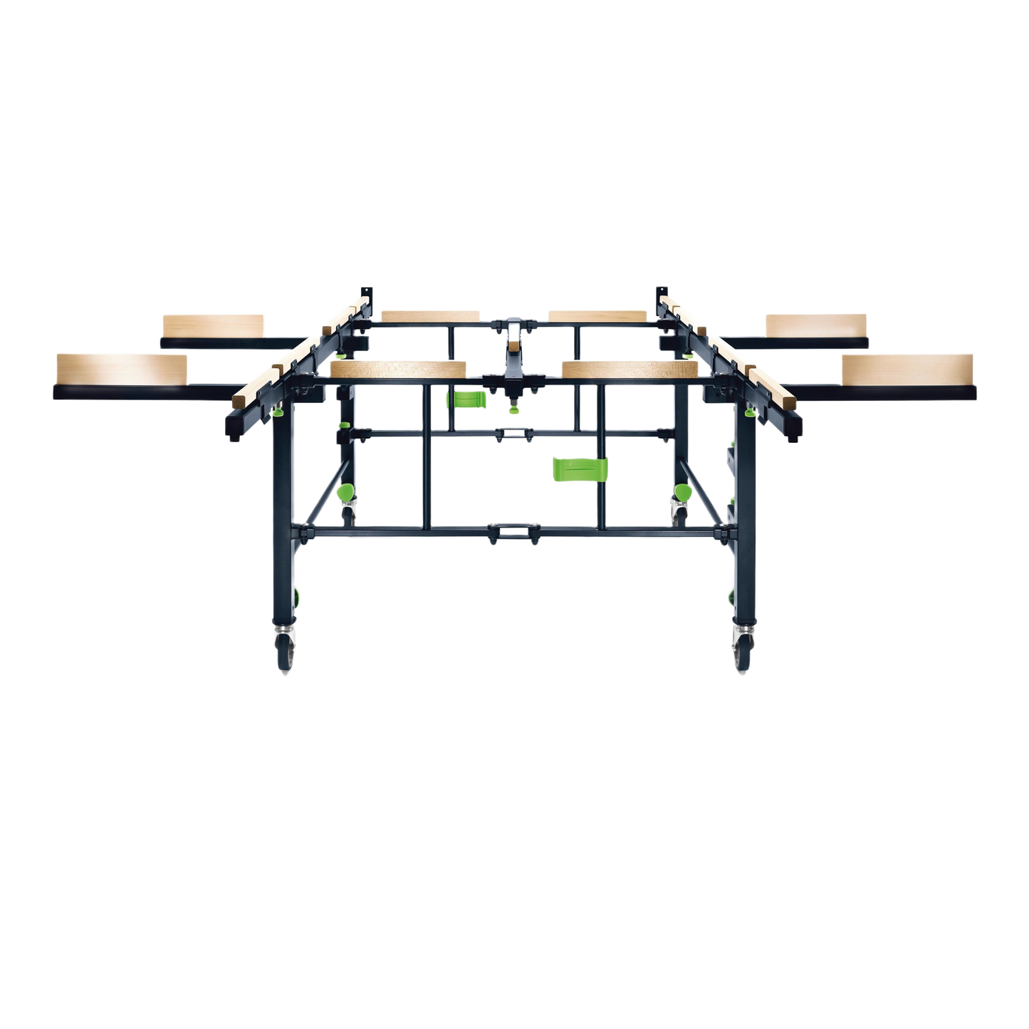 Mobile saw table frame with extendable wooden supports and locking casters for woodworking tools and tool stands collection