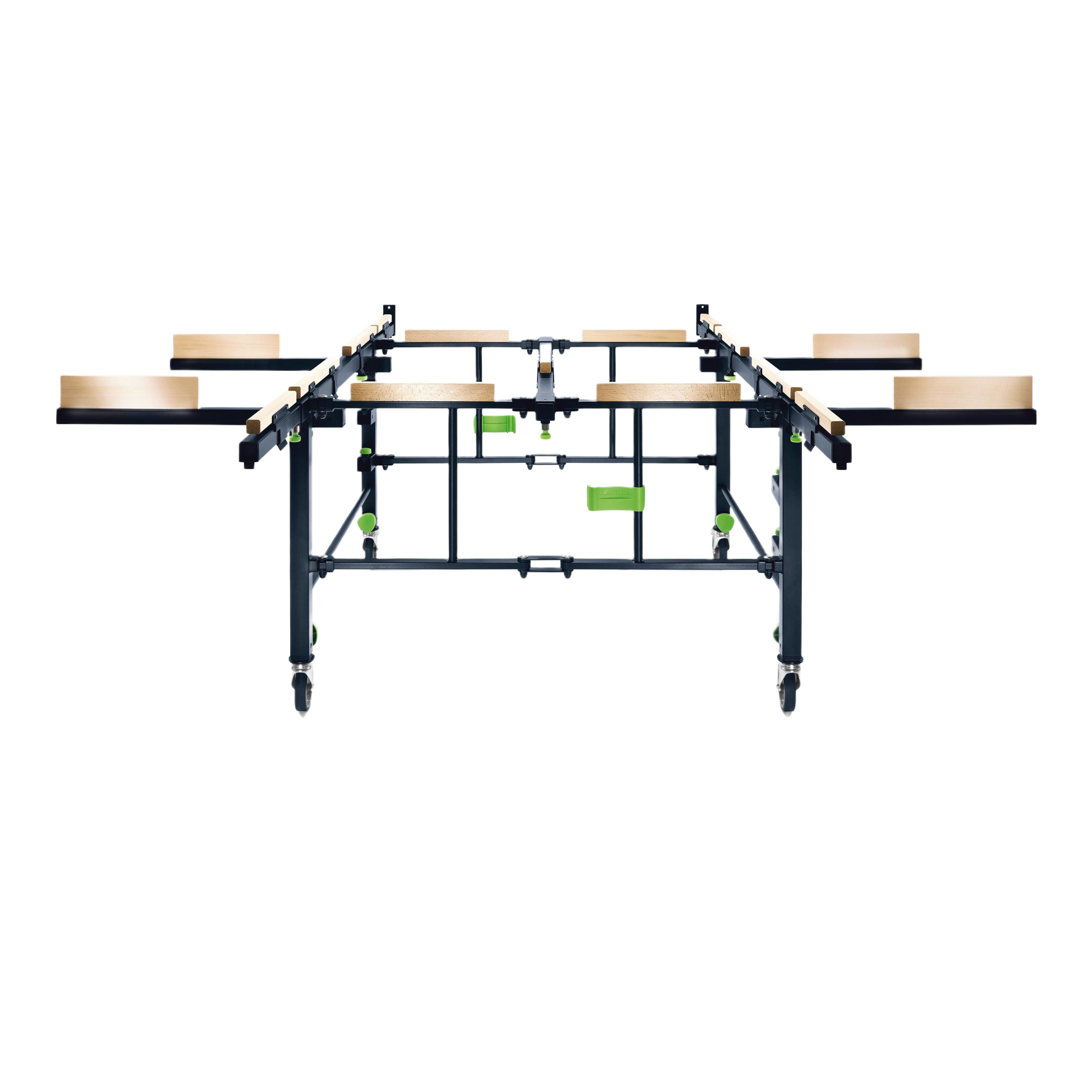 Mobile saw table frame with extendable wooden supports and locking casters for woodworking tools and tool stands collection