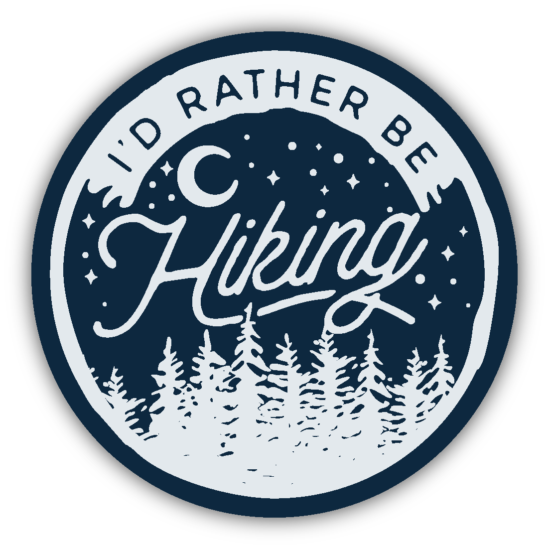 Round sticker with "I'd Rather Be Hiking" text over night sky and pine tree silhouettes for outdoor enthusiasts