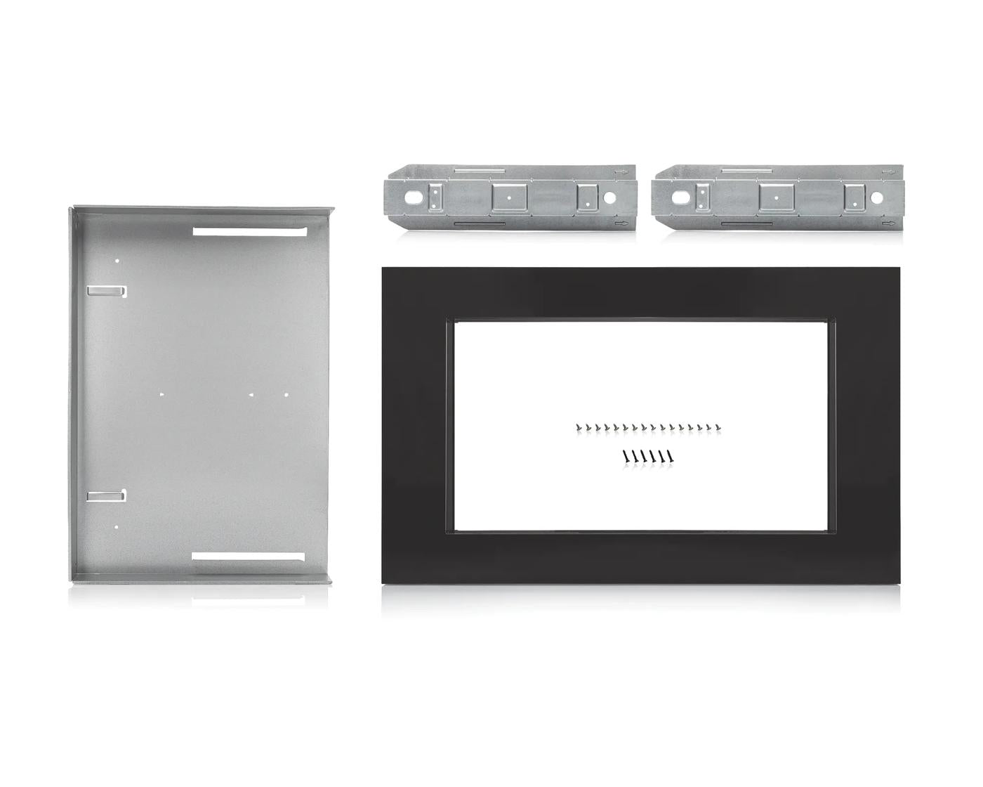 Black stainless steel trim kit frame with mounting brackets and screws for built-in microwave installation in appliance parts collection