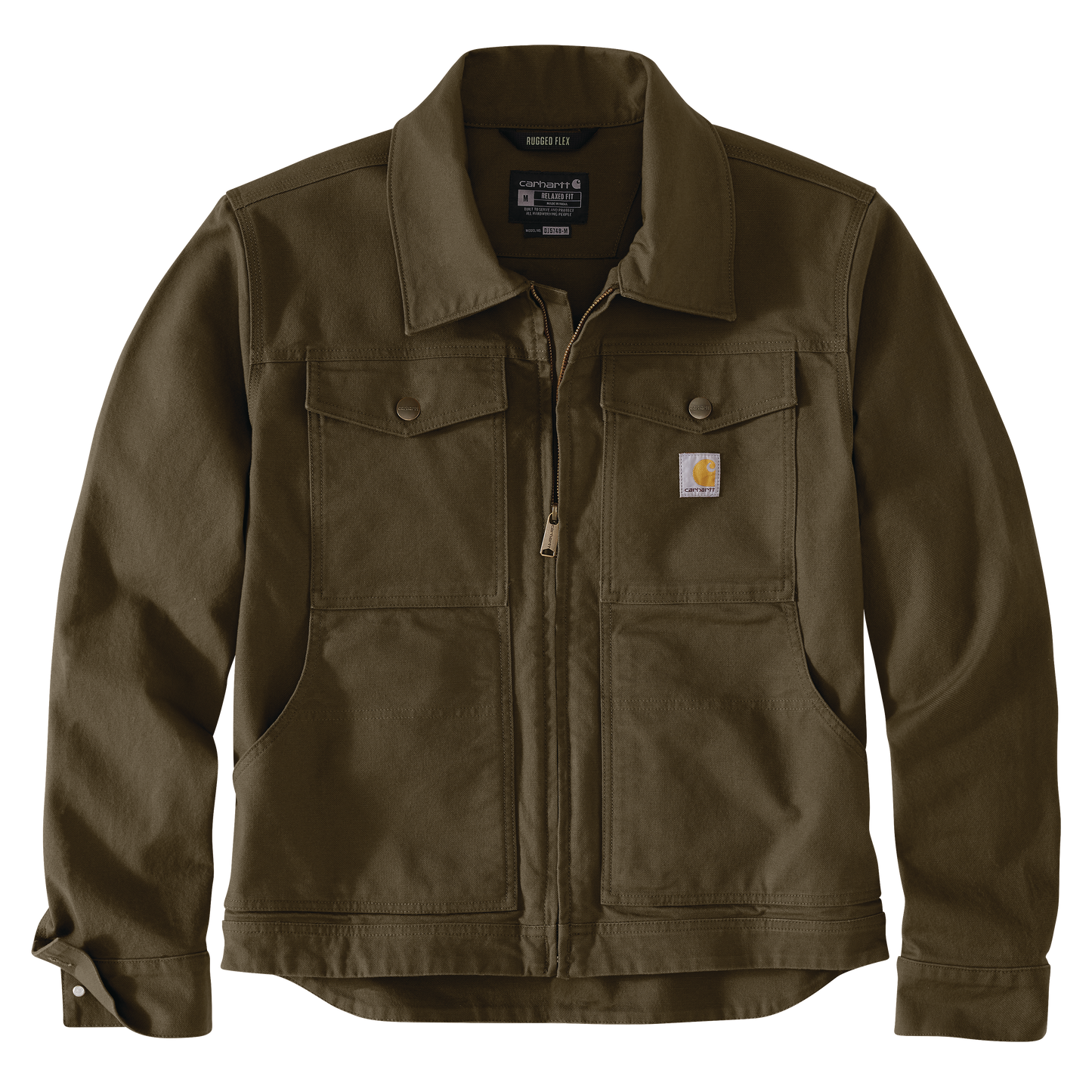 Men’s olive green duck canvas work jacket with relaxed fit, zip front, chest flap pockets, and durable stretch fabric for mobility and comfort in outerwear.