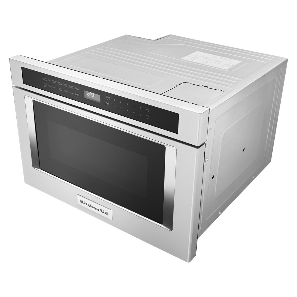 Stainless steel 24-inch under-counter microwave oven drawer with digital control panel in KitchenAid Appliances collection