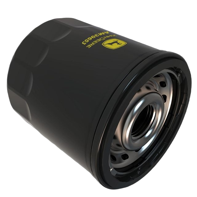 Black John Deere AM39653 transaxle oil filter with metal threading for automotive parts and lubricants collections