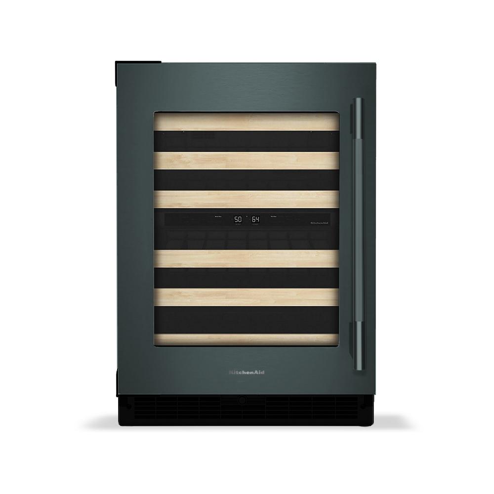 24-inch built-in wine cellar with glass door, wood-front racks, digital controls, and stainless steel handle in appliances collection