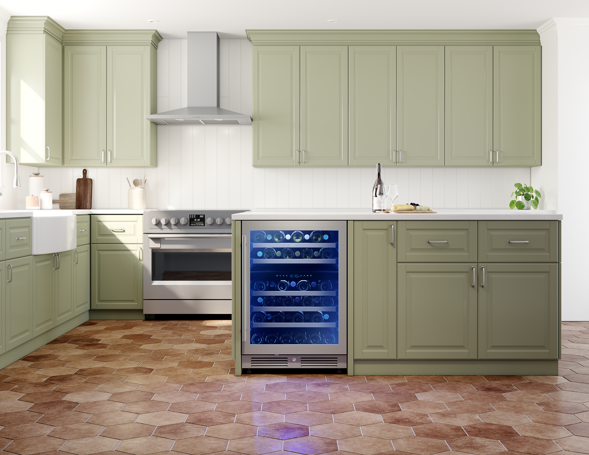 24-inch dual zone wine cooler with blue interior lighting built into green kitchen cabinetry in Appliances collection