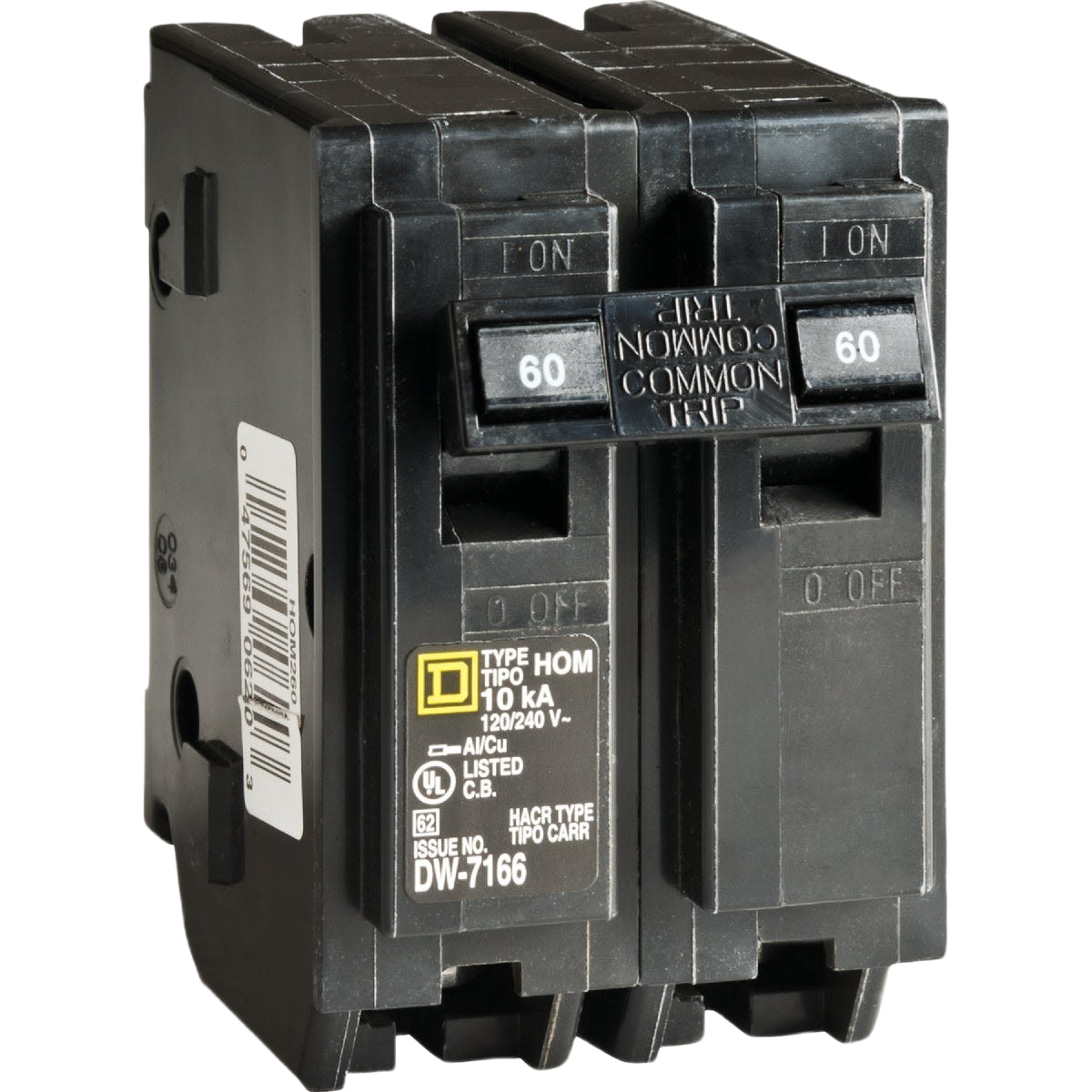 Black double-pole circuit breaker with 60 amp rating for home improvement tools and electrical safety applications