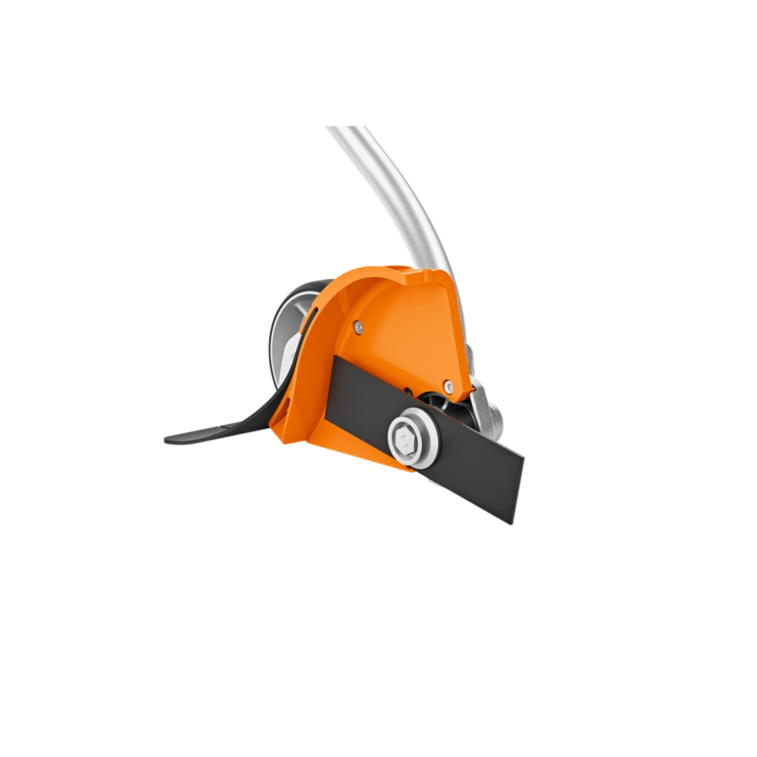 Orange and gray curved shaft edger blade and guide wheel for precise edging in outdoor power equipment and lawn care tools collection