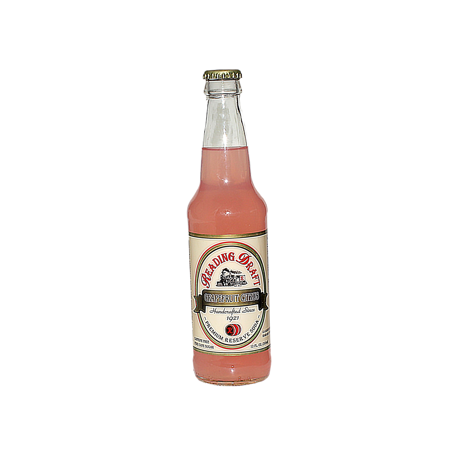 Clear glass bottle of pink grapefruit citrus soda with vintage style label and metal cap