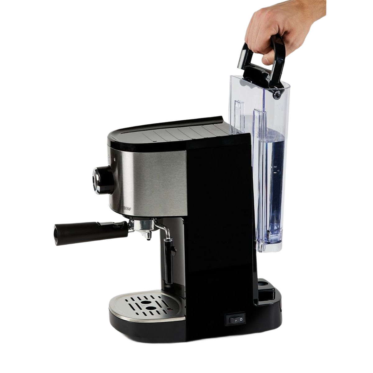 Person's hand lifting clear water reservoir from black and stainless steel espresso and cappuccino machine