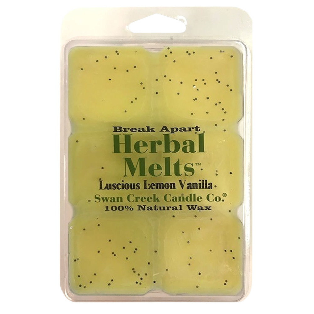 Yellow herbal wax melts with black specks in a clear clamshell package for natural home fragrance use