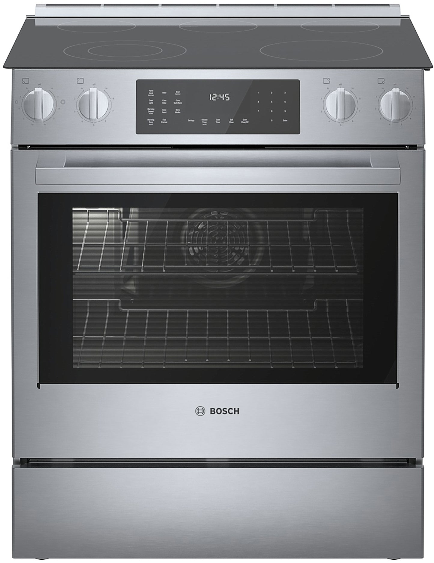 Stainless steel electric slide-in range with glass cooktop, heavy-duty knobs, and digital touch control panel in Bosch Ranges collection
