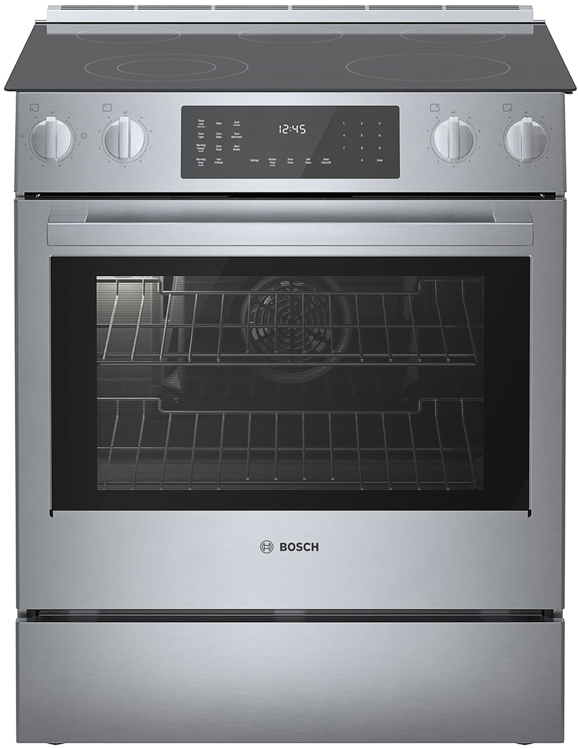 Stainless steel electric slide-in range with glass cooktop, heavy-duty knobs, and digital touch control panel in Bosch Ranges collection