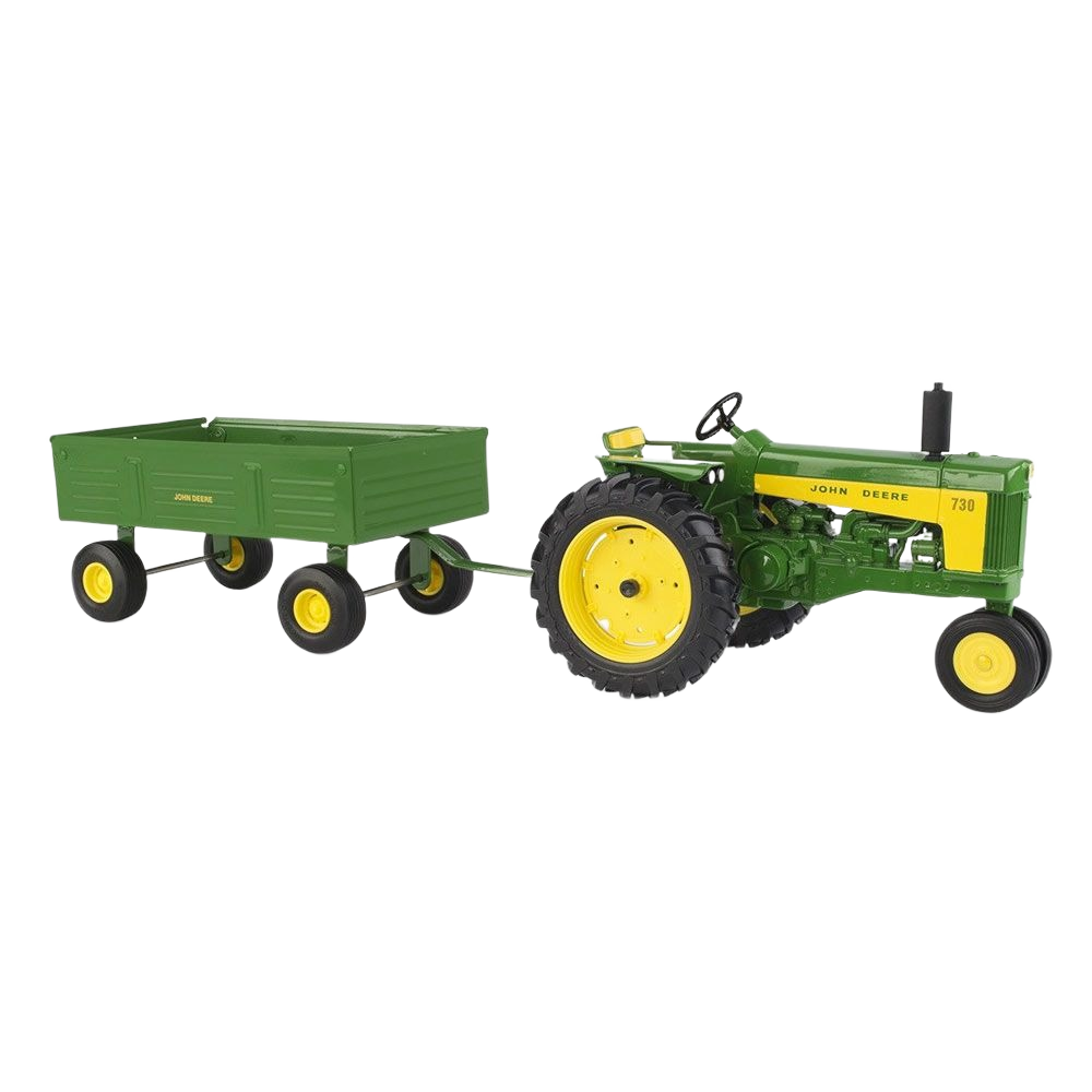 Green detailed toy tractor with attached matching barge wagon replica for collectible display or play