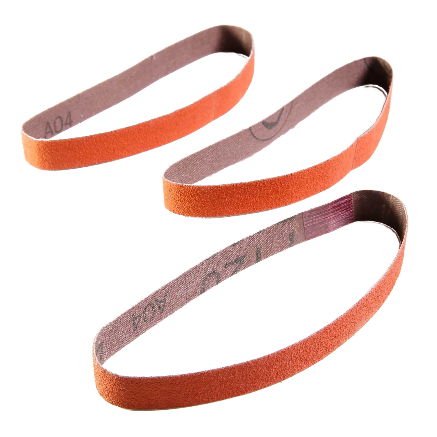 Set of three replacement abrasive belts with reddish-brown grit surface for woodworking and hand tools maintenance.