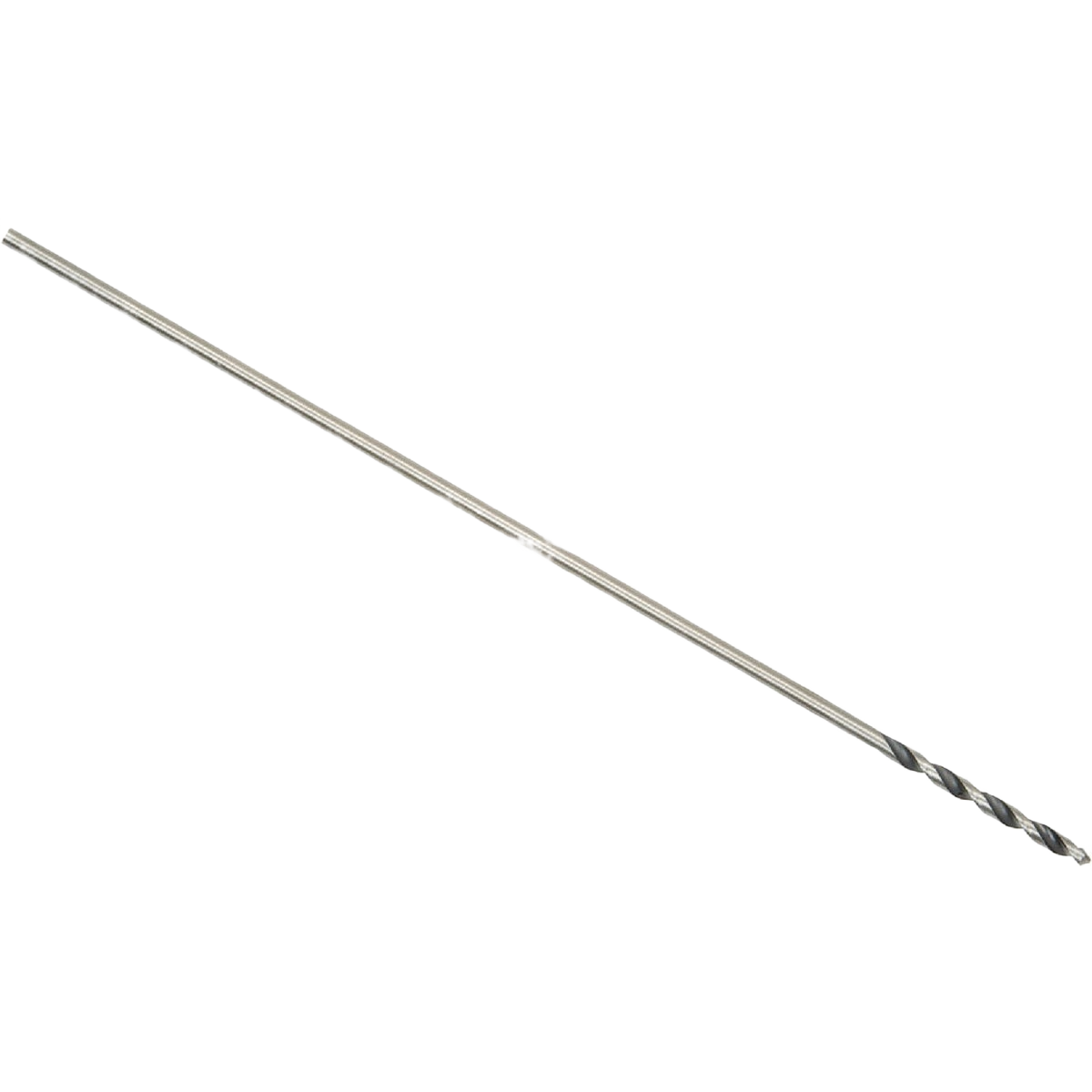 Long narrow metal drill bit with spiral flutes and a hole near the tip, designed for wire installation tasks.