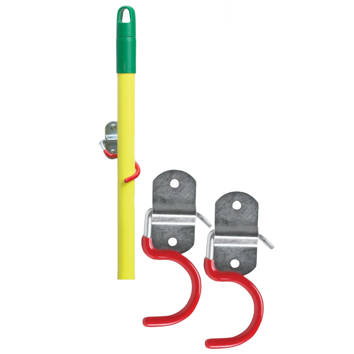 Two red vinyl-coated metal C-hooks with mounting plates for tool handle storage in hardware and organization collections under $50
