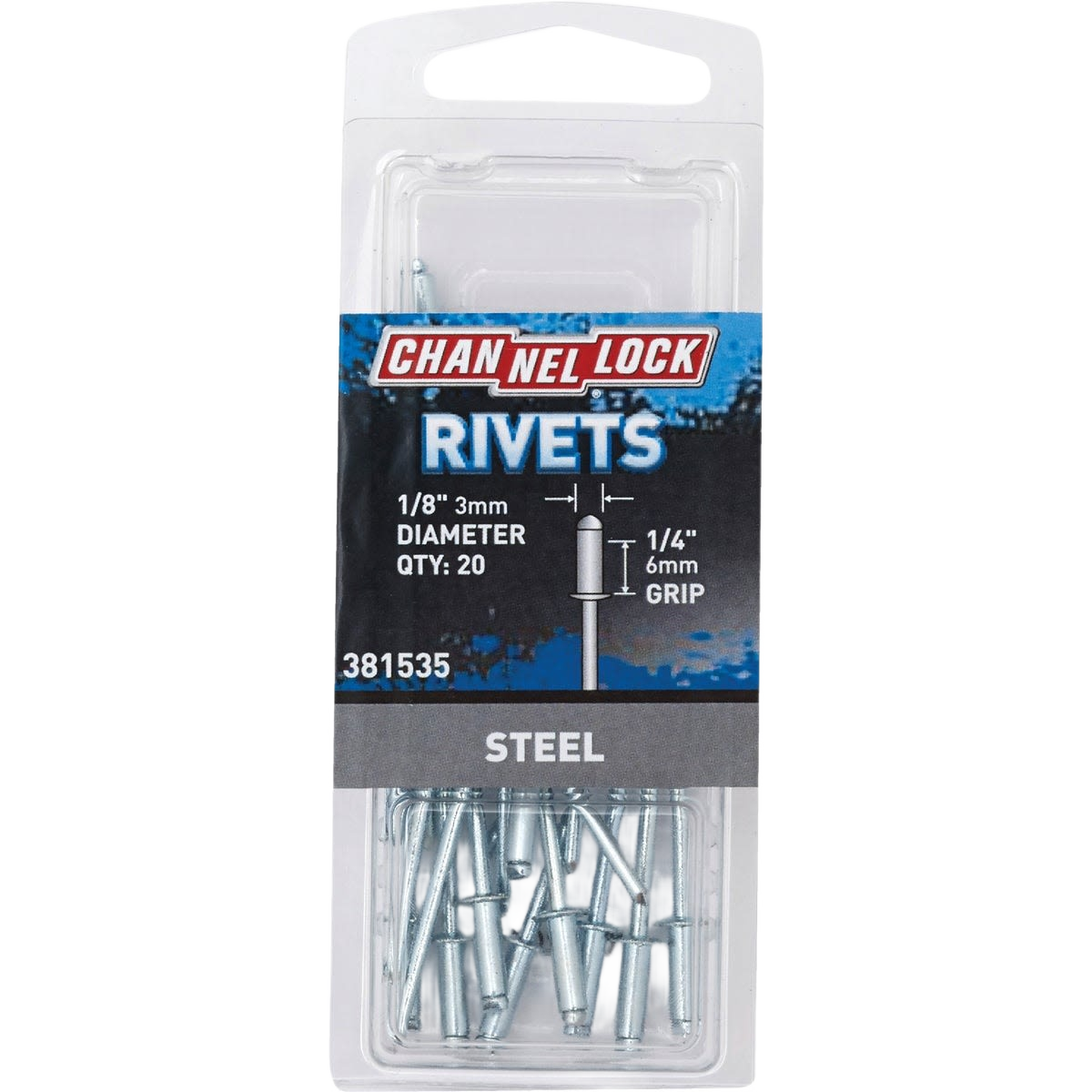 Steel pop rivets with 1/8 inch diameter and 1/4 inch grip length in clear plastic packaging for home improvement tasks