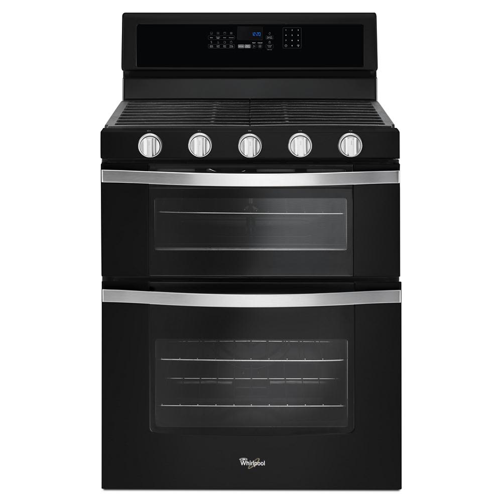 Black gas double oven range with five stainless steel control knobs, digital control panel, and two large oven compartments for home kitchens.