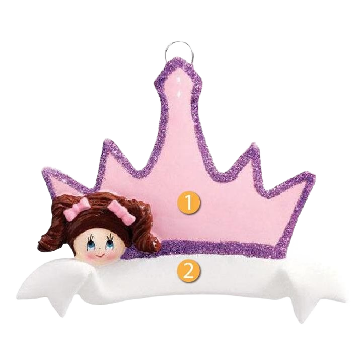 Personalized Christmas ornament featuring brunette girl with pink crown and white banner for holiday tree décor under $50
