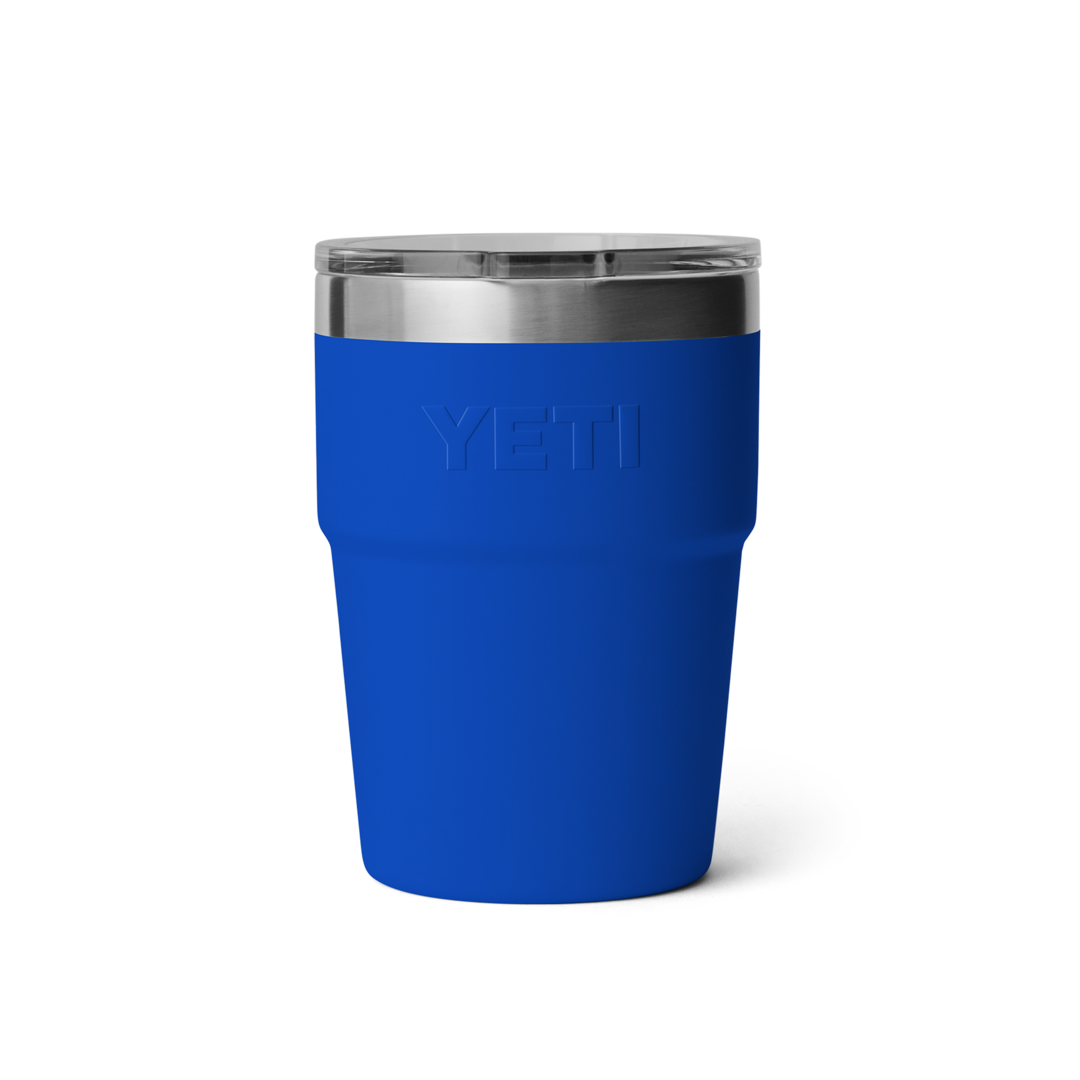 16 oz vibrant blue stackable insulated cup with clear lid and stainless steel rim from drinkware and kitchenware collections