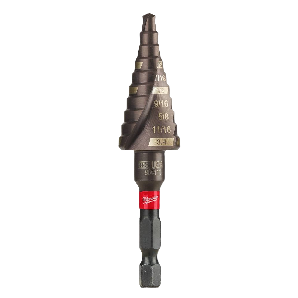 Step drill bit with graduated cutting edges and hex shank for use in power tools and home improvement projects.