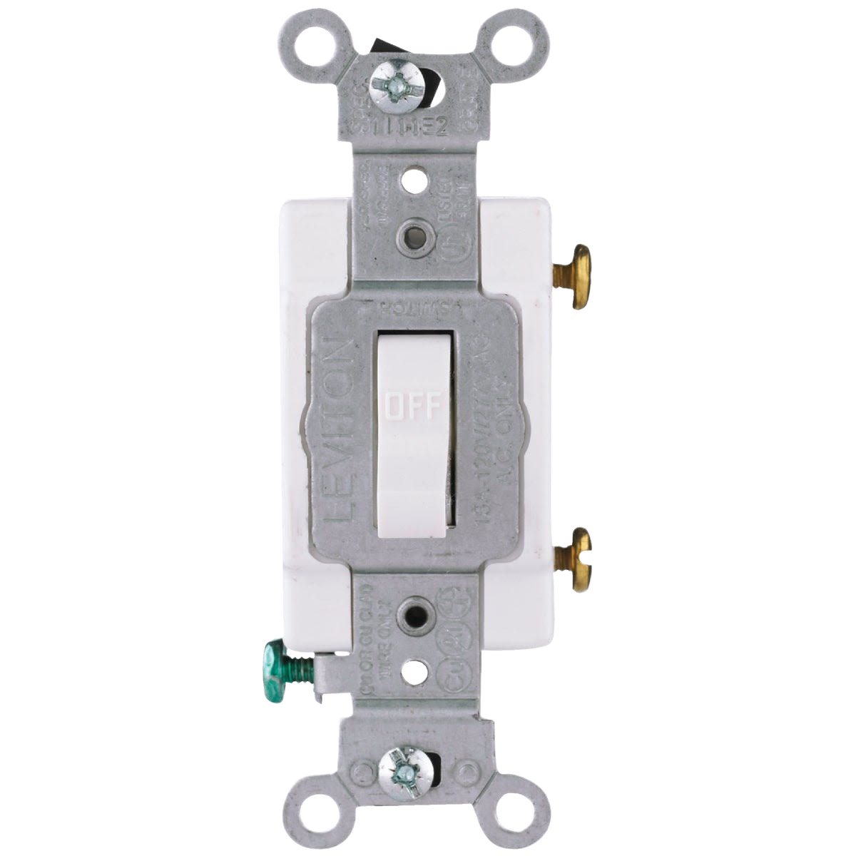 White commercial-grade toggle switch with metal mounting frame and brass terminal screws for home improvement use