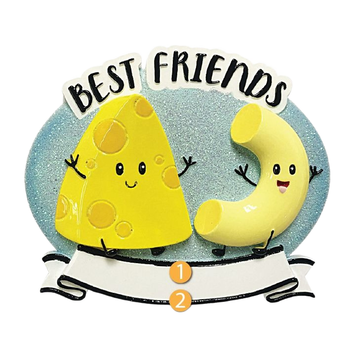 Cheese wedge and noodle characters smiling under "Best Friends" banner for Christmas Ornaments & Tree Decorations under $50