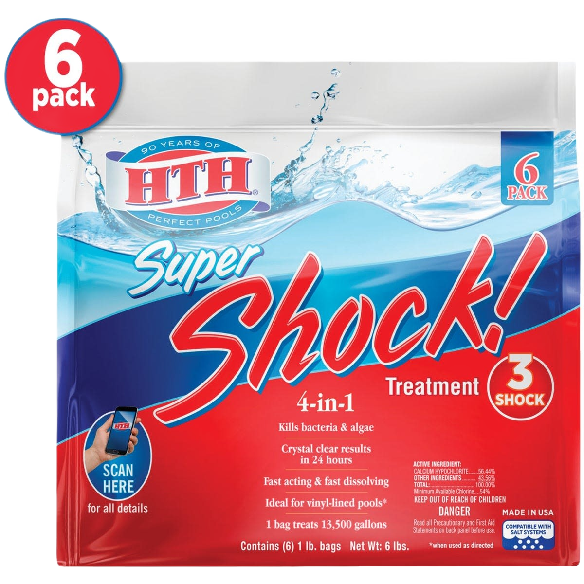 Six-pack of HTH Super Shock granules pool treatment for fast-acting bacteria and algae elimination in vinyl-lined pools